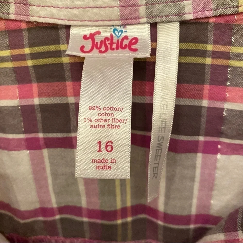 JUSTICE Girls Pink Plaid Embellished Collar Top Size 16